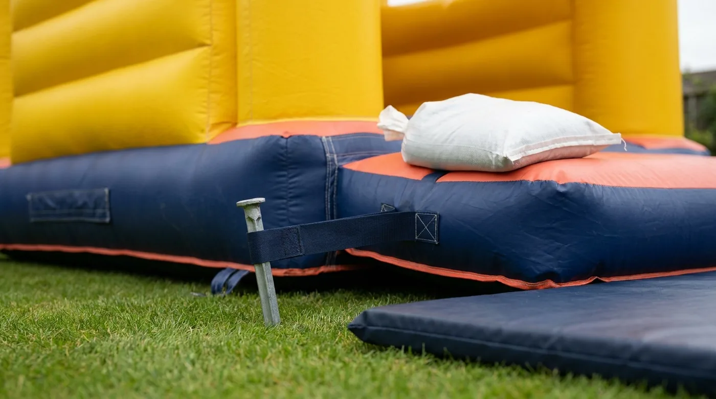 Close-up of a bouncy castle corner anchored with a steel ground stake through a webbing strap, with a sandbag on the base and a crash mat at the front