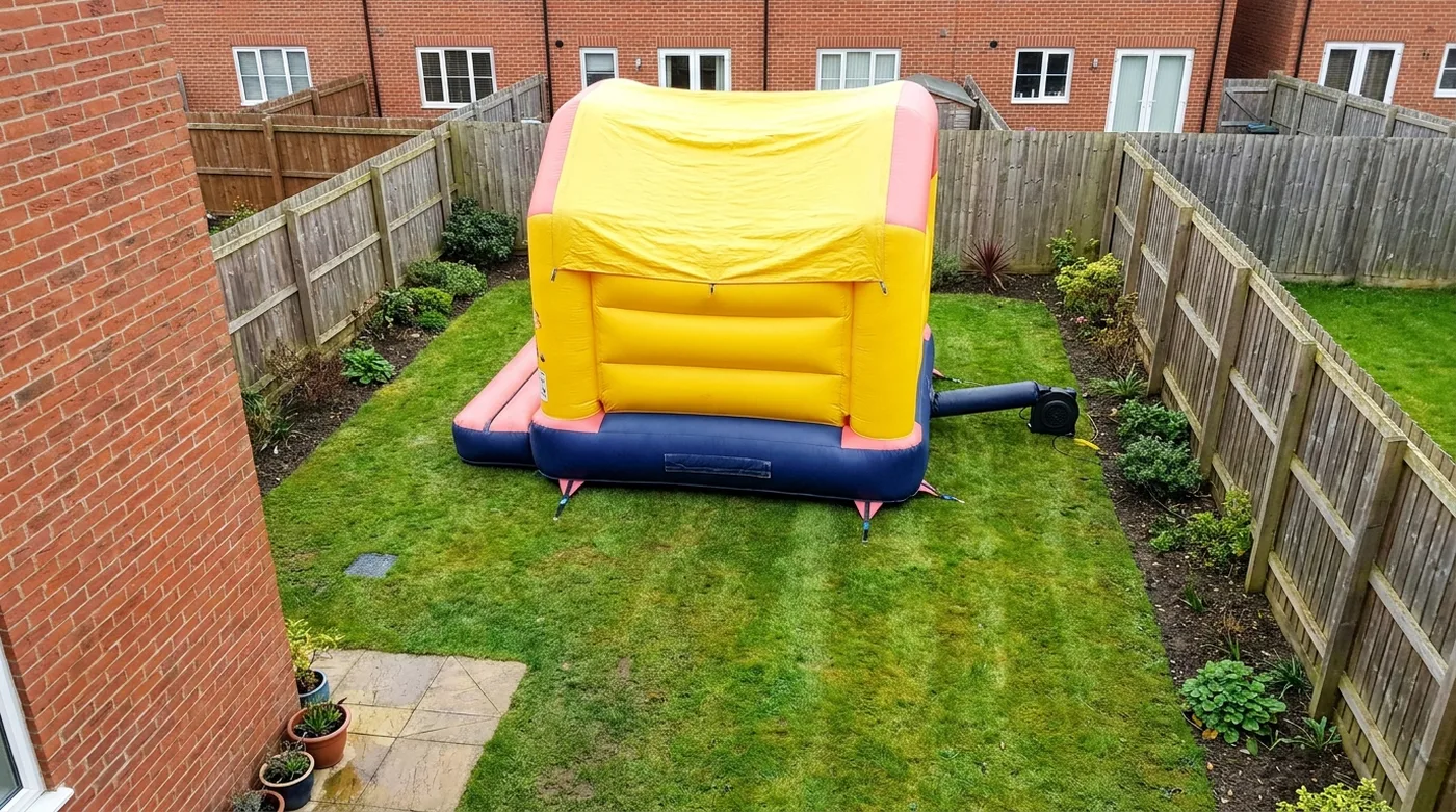 Bouncy castle pegged down on the lawn of a UK terraced back garden, with clearance space around it and the blower connected behind